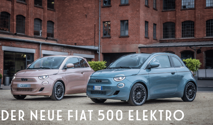 Der neue Fiat 500 Elektro vor Industriegebäude